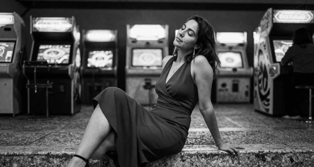 A zoned out Female From Portugal, majored in architecture in their 41, sharing tips for staying relevant in tech, wearing a elegant evening casual wear, stepping onto a curb in a arcade room with neon lights.