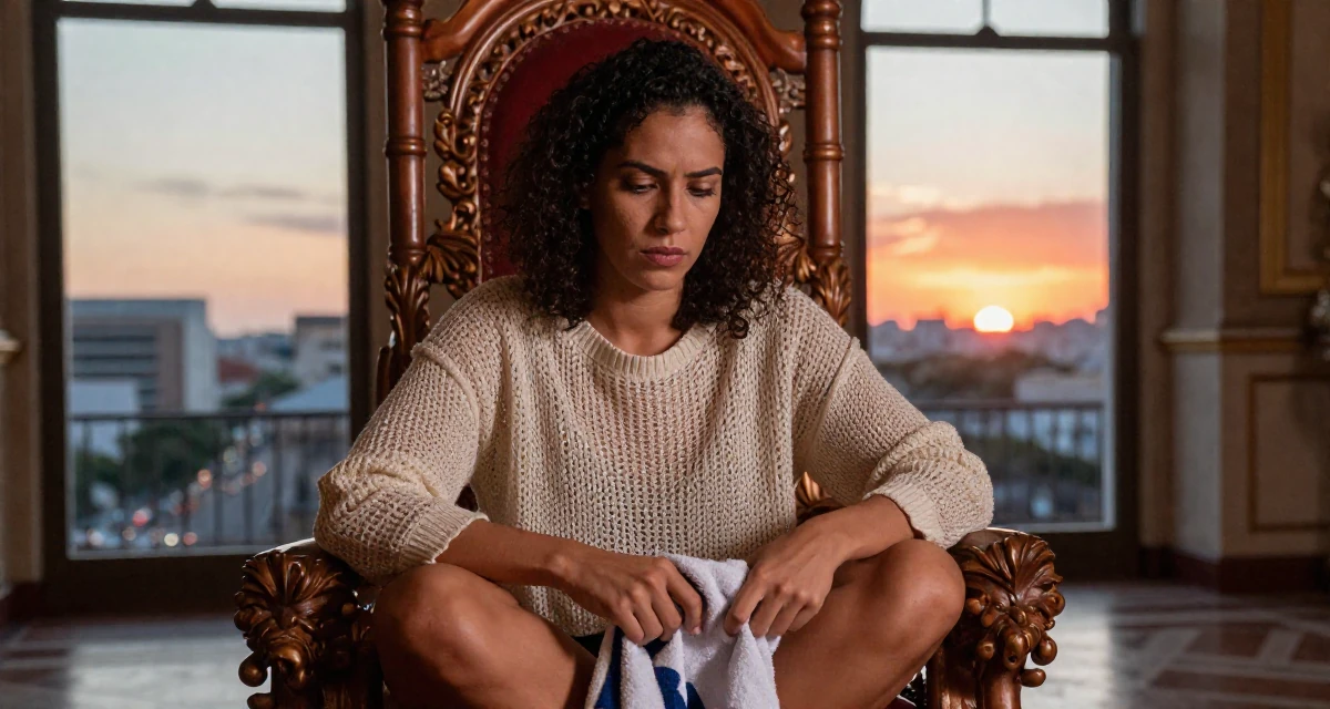 A introspective Female From Brazil, studied software engineering in their 29, dealing with social pressure to “settle down”, wearing a loose open-knit sweater showing skin underneath, holding a gym towel in a royal palace throne room.