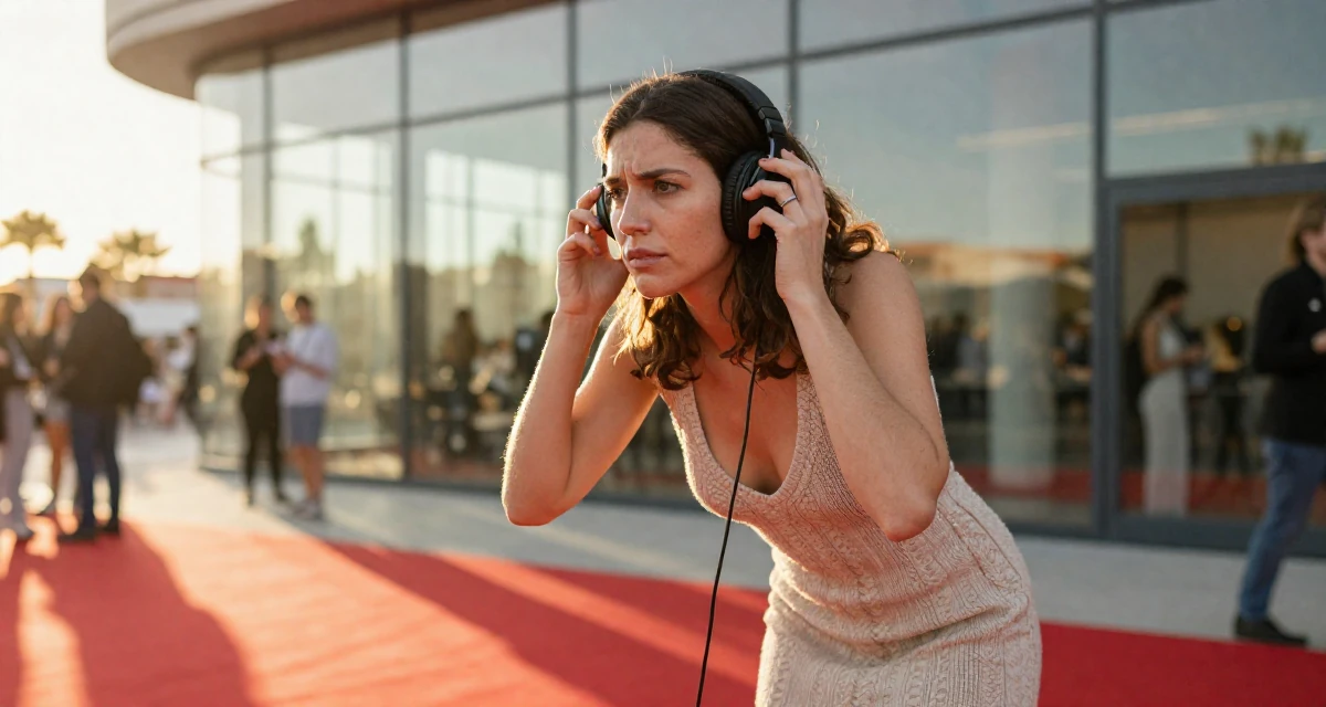 A judgemental Female From Spain, based in Valencia, graduated from a communication institute majoring in digital storytelling in their 49, focusing on spiritual growth and grounding, wearing a soft knit dress with a plunging neckline, adjusting headphones in a red carpet event.