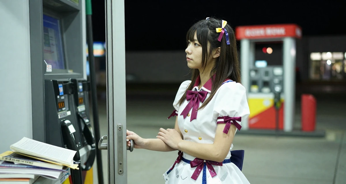 A relaxed and observant Female From Bergen Norway, studied business economics in their 25, discovering the mental toll of constant visibility, wearing a anime idol stage costume with ribbons and glitter, opening a door in a gas station at night.
