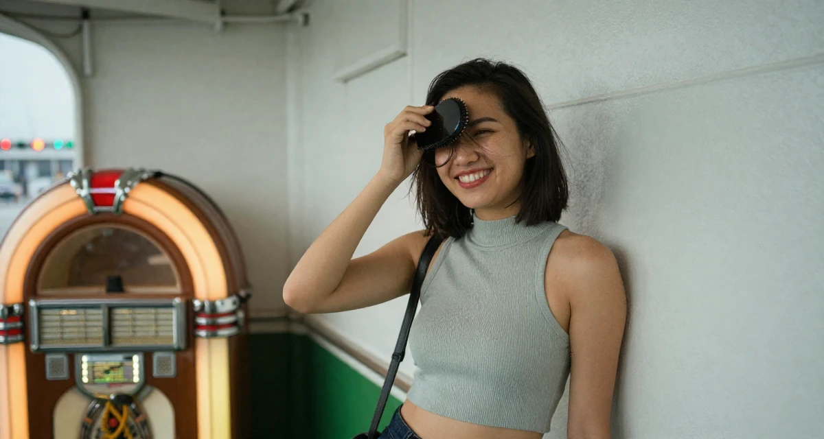 A upbeat Female Raised in Vietnam, studied digital illustration in their 25, building confidence by experimenting with poses, wearing a high-neck sleeveless crop top showing toned arms, brushing hair away from the face in a ferry deck.