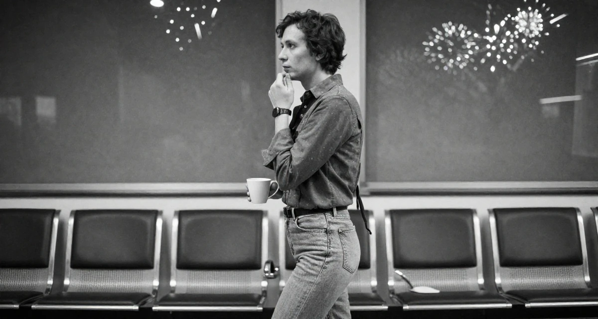 A reflective male From Poland, based in Gdańsk, graduated from a communication college majoring in expressive personal branding in their 44, advocate for financial literacy for women, wearing a retro 90s casual vibe, touching the chin thoughtfully in a waiting room.