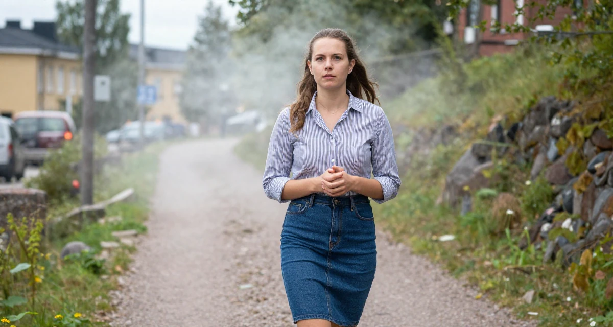 A reflective Female From Helsinki Finland, studied visual communication in their 22, learning how to avoid scams and risky promo offers, wearing a striped button-down shirt tucked into a denim pencil skirt, clasping hands together in a mountain trail.