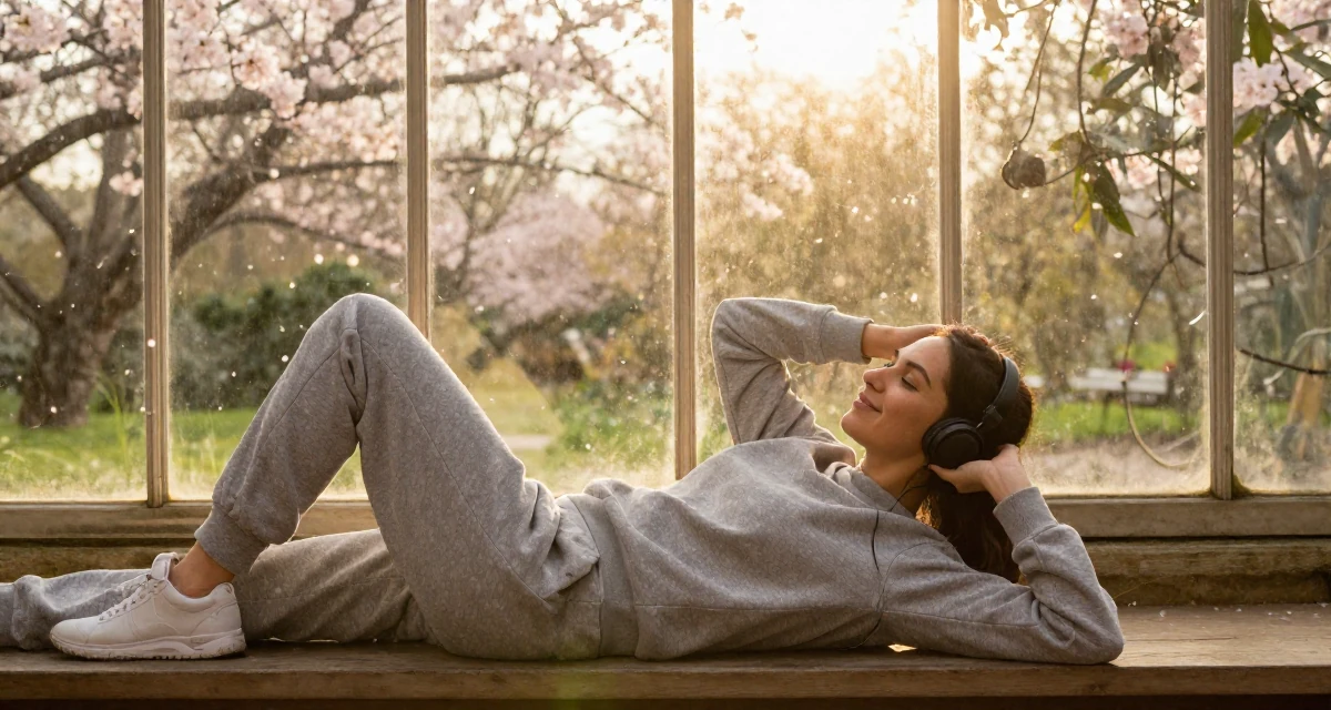 A softly smiling Female From Porto Portugal, studied event management in their 30, rebuilding self-worth beyond content performance, wearing a relaxed jogger and sweatshirt combo, listening to music with headphones in a botanical greenhouse.