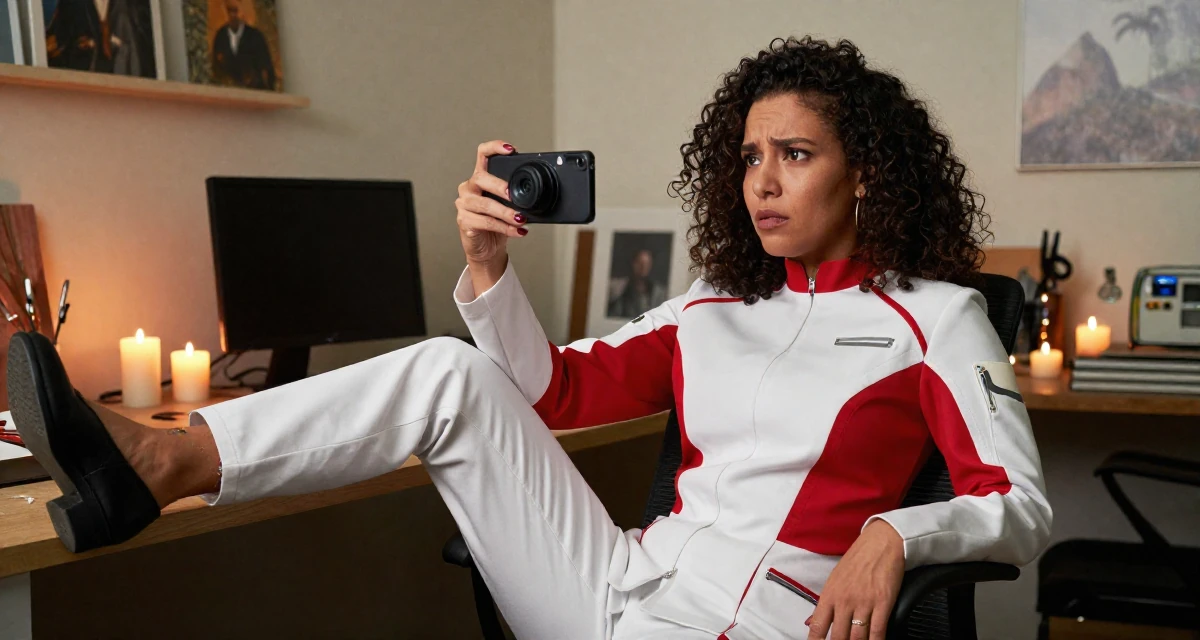 A confused Female From Brazil, based in Rio de Janeiro, graduated from an arts academy majoring in performance aesthetics in their 45, sharing wisdom on navigating office politics, wearing a futuristic medic uniform with white and red details, taking a photo in a artist workshop.