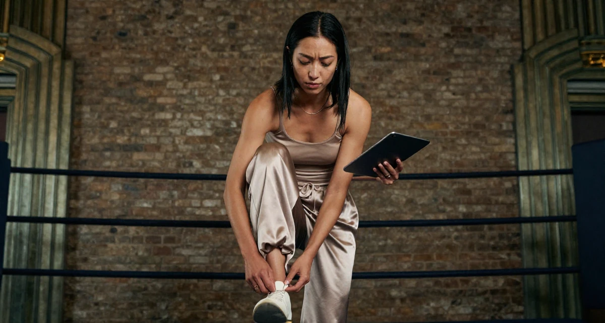 A soulful Female From the United States, based in Seattle, graduated from a community college majoring in digital marketing in their 27, dealing with the pressure of peers getting married, wearing a loose silk trousers and a fitted tank top, holding a tablet in a boxing ring.
