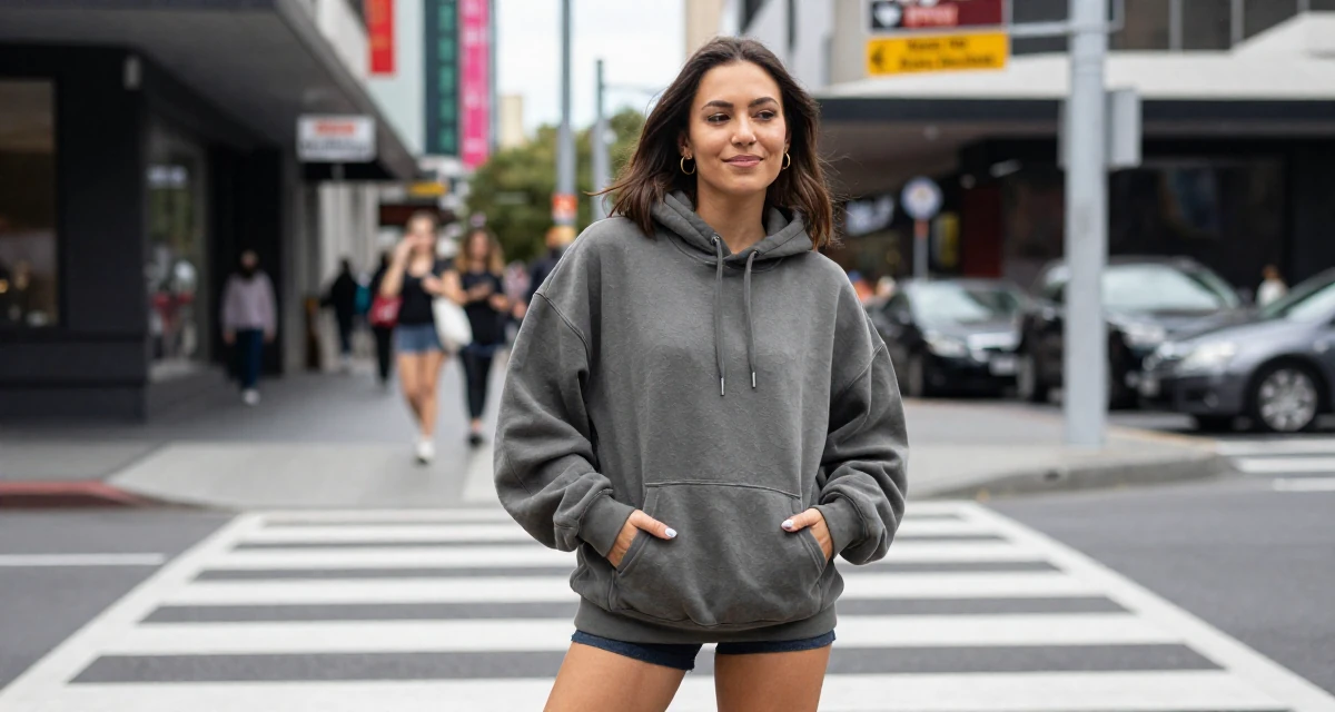 A satisfied Female From Australia, studied event management in their 28, facing creator fatigue while pretending to thrive, wearing a trendy oversized hoodie, putting hands in pockets in a busy crosswalk.