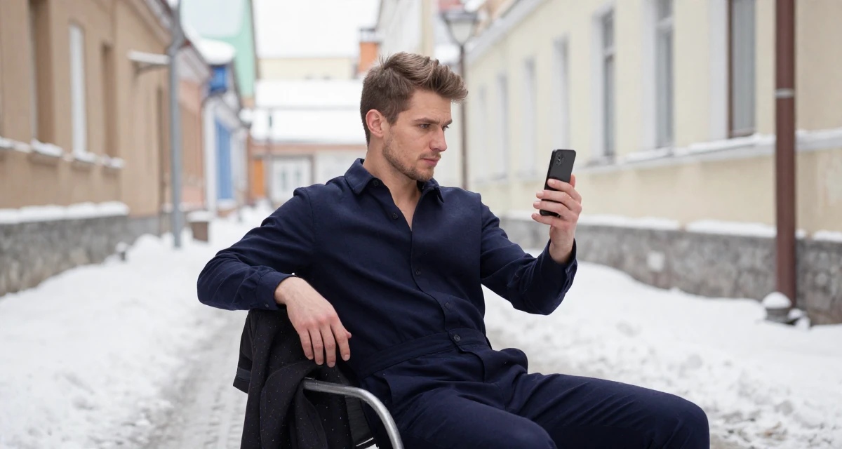 A self-assured male Born in Russia, graduated from a local college majoring in marketing in their 23, feeling the thrill of posting a bold outfit for the first time, wearing a chic jumpsuit styling, examining a product in a neon-lit alleyway.