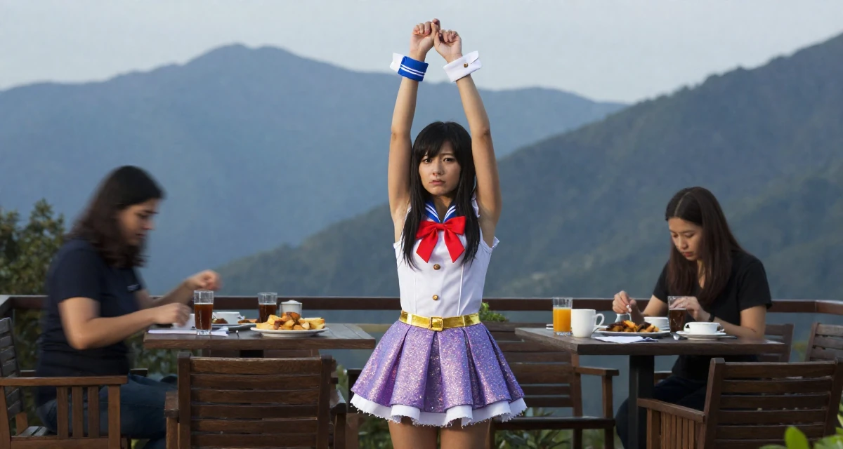 A mysterious Female Former massage therapist, now offering wellness-focused content in their 22, mourning the loss of the university community, wearing a magical girl anime costume with a sparkly short skirt, fixing a cufflink in a breakfast nook.