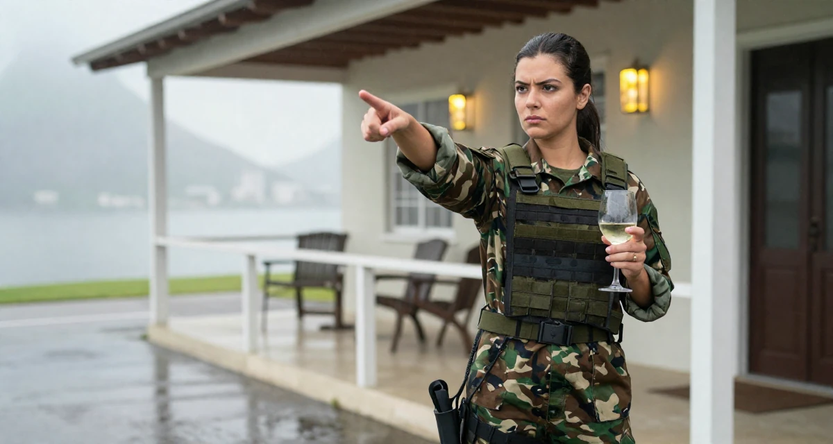A impatient Female From Rio de Janeiro Brazil, majored in public relations in their 25, standing tall with newfound self-assurance, wearing a commando outfit with camouflage paint and tactical harness, holding a wine glass by the stem in a front porch.