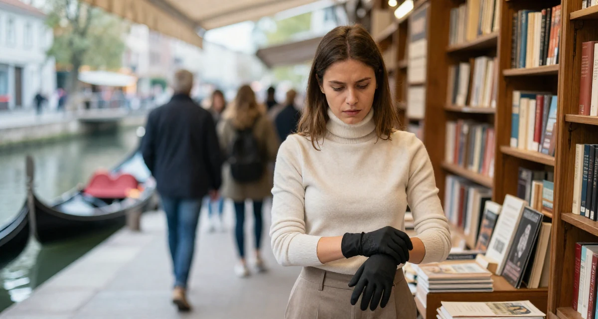 A intense and captivating Female From Poland, studied biotechnology in their 25, deciding to start a business or bold project, wearing a sophisticated turtleneck and trousers, putting on a glove in a vintage bookstore.