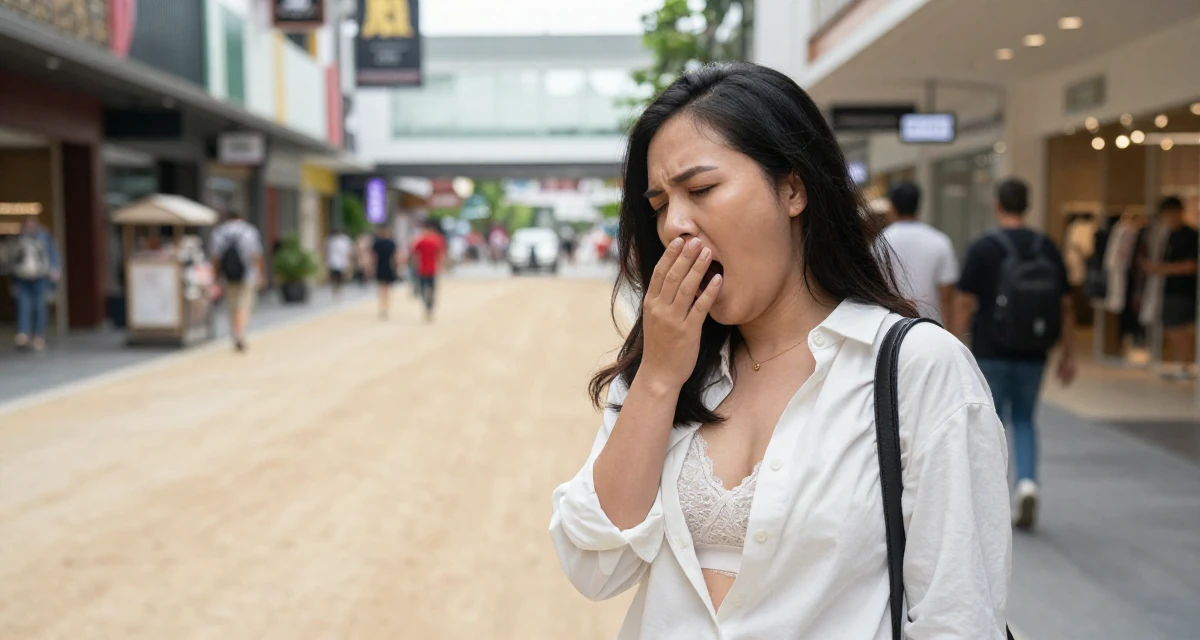 A sincere Female From Chiang Mai Thailand, majored in creative writing in their 23, investing more time in self-marketing, wearing a white button-down shirt worn open over a lace bra, stifling a yawn in a shopping mall atrium.