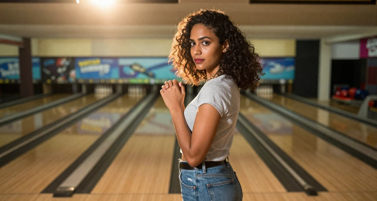 A bold and charismatic Female From Sri Lanka, studied supply chain management in their 22, learning how to avoid scams and risky promo offers, wearing a comfortable travel outfit, clasping hands together in a bowling alley.