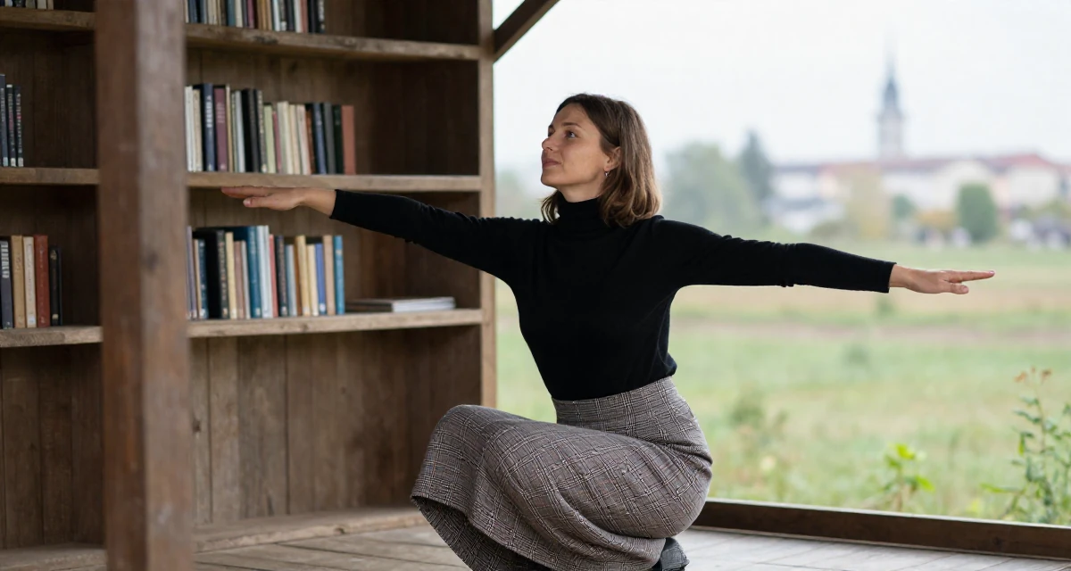 A unbothered Female Born in Ukraine, majored in creative communication in their 45, sharing the beauty of a quiet rural life, wearing a classic black turtleneck tucked into a plaid midi skirt, stretching arms in a quiet library corner.