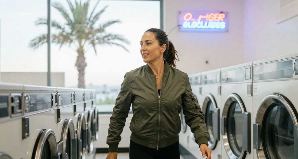A radiant Female From Lisbon Portugal, learned storytelling through movement in their 40, prioritizing longevity and functional fitness, wearing a classic bomber jacket style, pausing mid-step in a laundromat with neon signs.