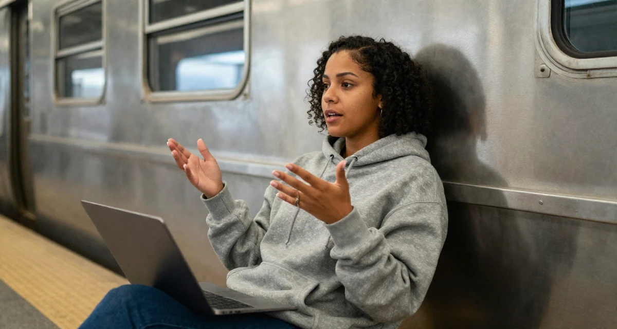 A relaxed Female Born in the Dominican Republic, studied tourism marketing in their 25, balancing sexiness with professionalism, wearing a trendy oversized hoodie, gesturing while talking in a train platform.