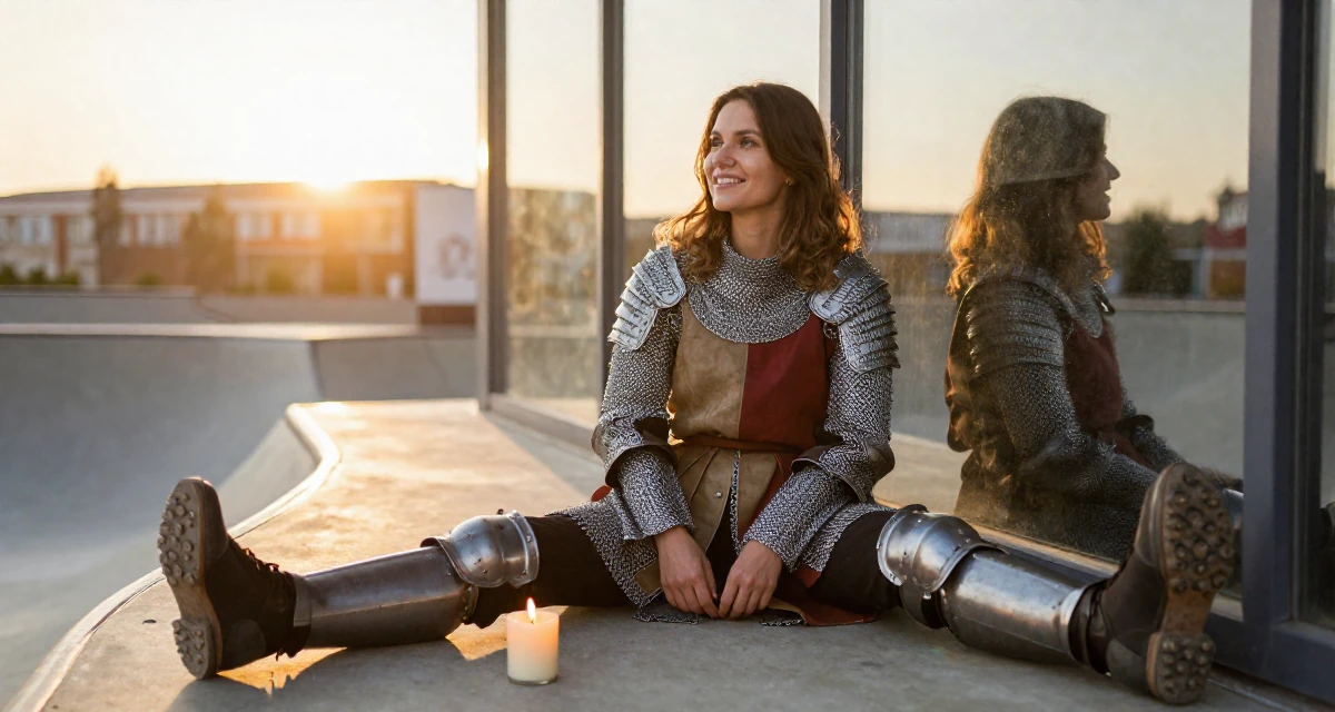 A optimistic Female From Kyrgyzstan, majored in public health in their 31, investing in personal health and fitness, wearing a female knight armor with a tabard and chainmail, looking at a reflection in a window in a skate park.