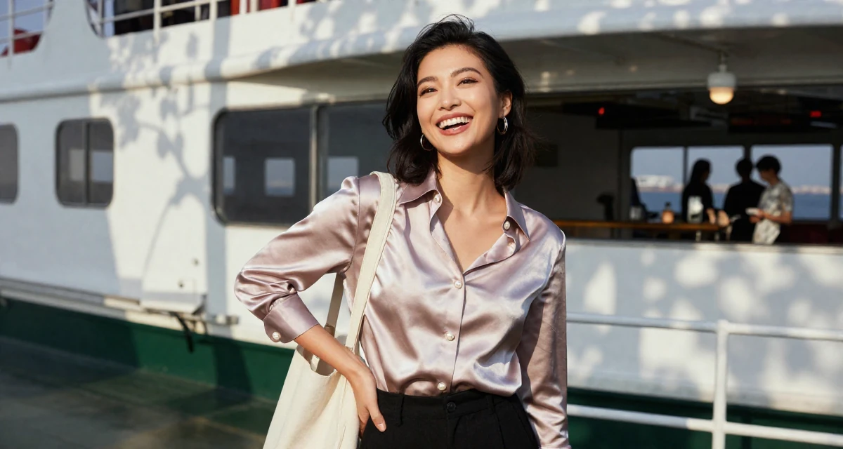 A joyful Female Previously a bartender, now expressing nightlife energy through content in their 21, seeking internships and professional validation, wearing a satin blouse with pearl buttons, carrying a tote bag in a ferry deck.