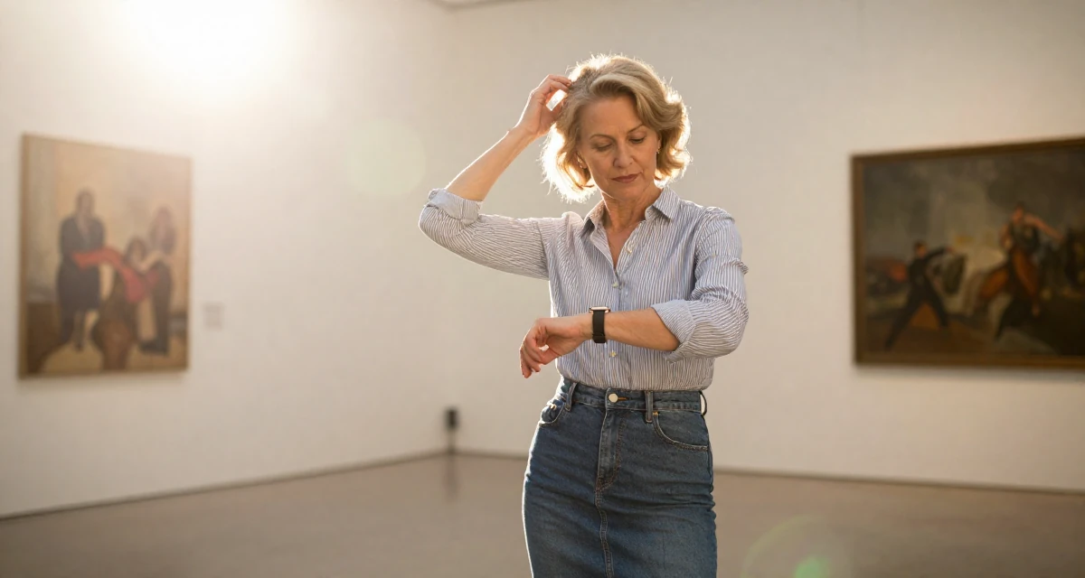 A self-assured Female From Kraków Poland, studied emotional choreography in contemporary dance in their 46, celebrating the confidence that comes with age, wearing a striped button-down shirt tucked into a denim pencil skirt, checking a wristwatch in a art gallery.