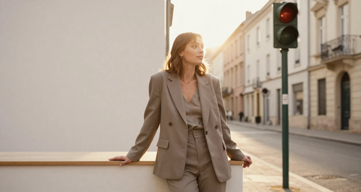 A dreamy Female Once a barista, now a full-time creator leaning into aesthetic storytelling in their 23, refining video style through trial and error, wearing a relaxed fit suit separate, waiting for a light to change in a quaint European street.