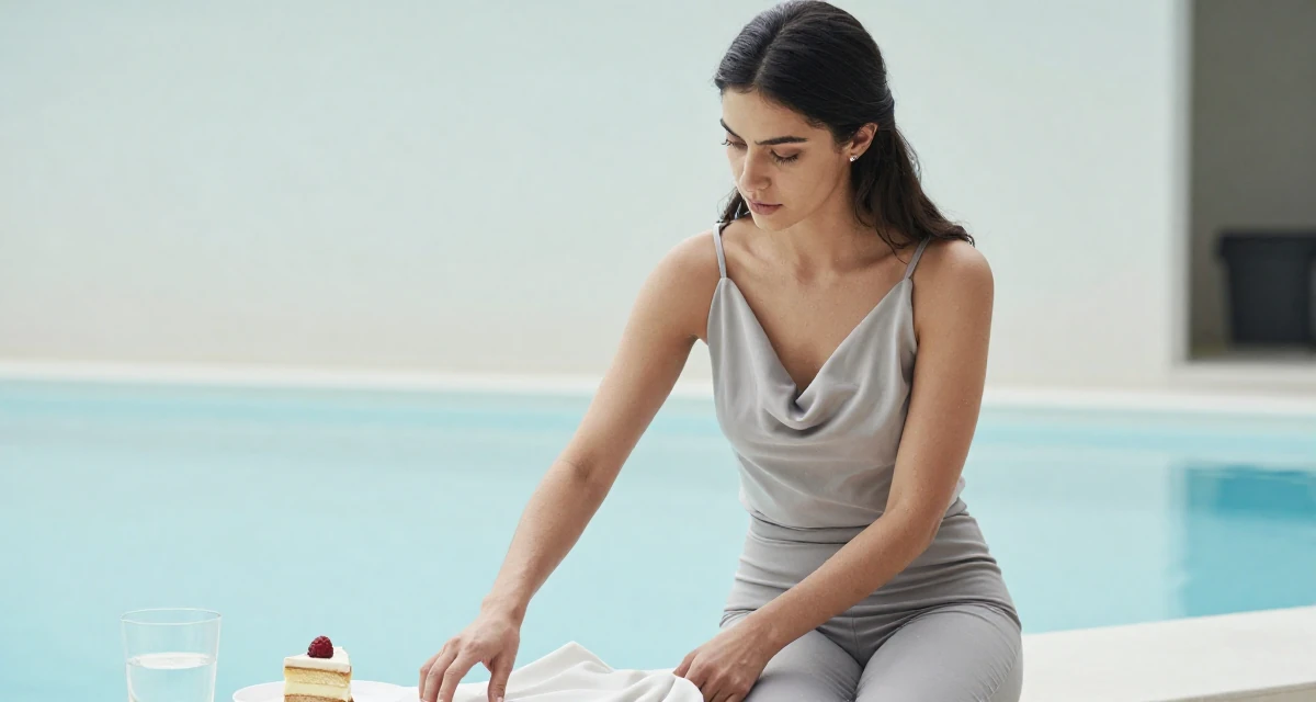 A seriously concentrated Female Previously a pastry student, now blending dessert aesthetics with lifestyle content in their 32, managing high-stakes projects with calm, wearing a draped neckline top and fitted slacks, smoothing out clothes in a swimming pool.