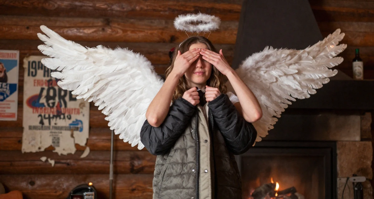 A peaceful Female From Belarus, studied performance media in their 22, dealing with inconsistent motivation, wearing a angel costume with large feathered wings and a halo, covering eyes from the sun in a ski lodge fireplace.