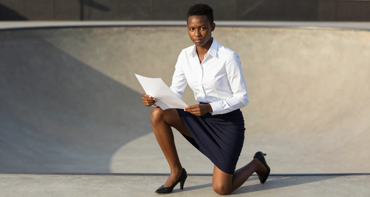A thoughtfully silent male From Zimbabwe, studied computer programming in their 24, performing with growing confidence and playful charm, wearing a office lady pencil skirt and tight white shirt, holding a piece of paper in a skate park.