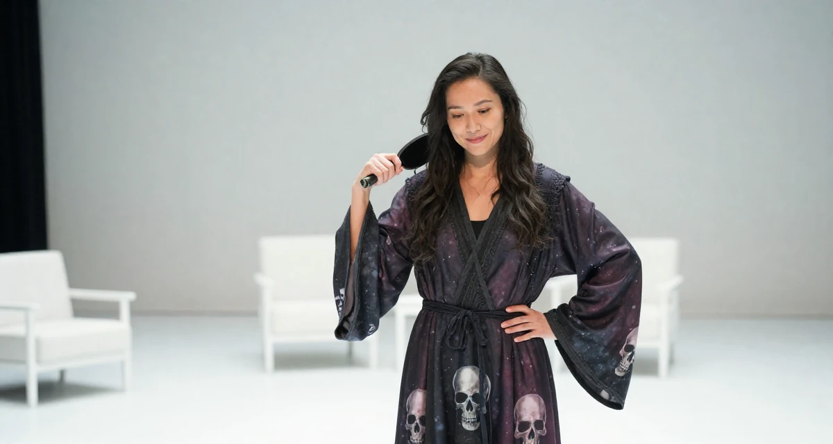 A smiling gently Female Once a babysitter, now documenting grown-up self-expression in their 38, focused on longevity and holistic wellness, wearing a dark fantasy necromancer robe with skull motifs, brushing hair back in a theater stage.