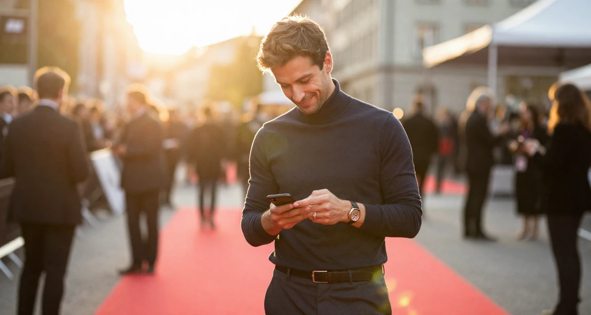 A victorious male From Zurich Switzerland, holds a degree in accounting and finance in their 32, focusing on health and longevity habits, wearing a sophisticated turtleneck and trousers, checking a phone in a red carpet event.