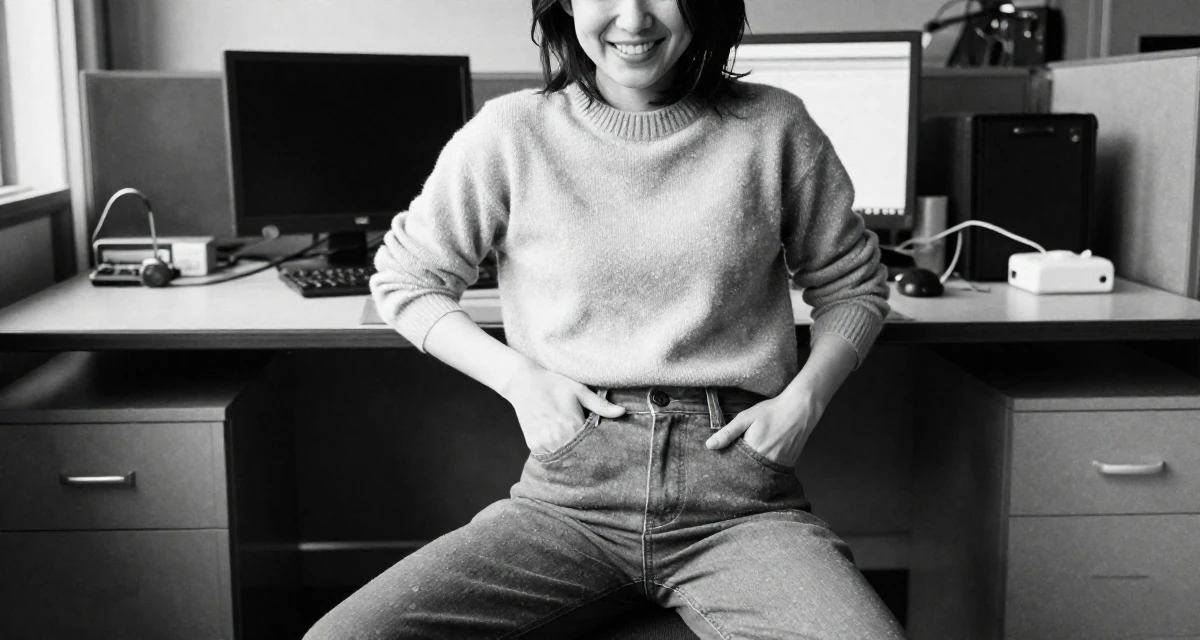 A cheerful Female From Japan, majored in mechanical engineering in their 23, saving aggressively for a dream travel trip, wearing a vintage sweater and high-waist pants, sliding a hand into a pocket in a office workspace.