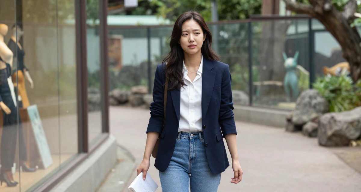A unbothered Female From South Korea, based in Jeju, graduated from a fashion school majoring in body language aesthetics in their 22, developing a bold persona that feels authentically “me”, wearing a business casual outfit with jeans and a blazer, turning a page in a zoo enclosure path.
