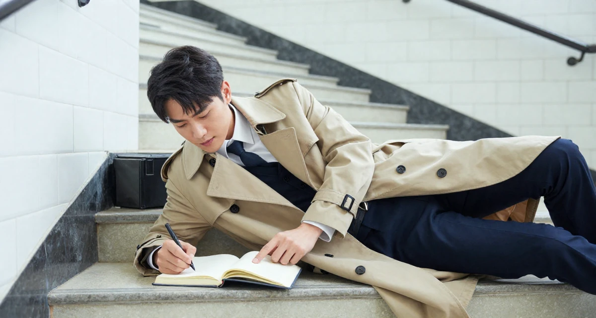 A lighthearted male From Vietnam, based in Da Nang, graduated from a local university majoring in e-commerce in their 24, experimenting with sultry characters and light roleplay vibes, wearing a classic trench coat worn over a business dress, writing in a journal in a winding staircase.