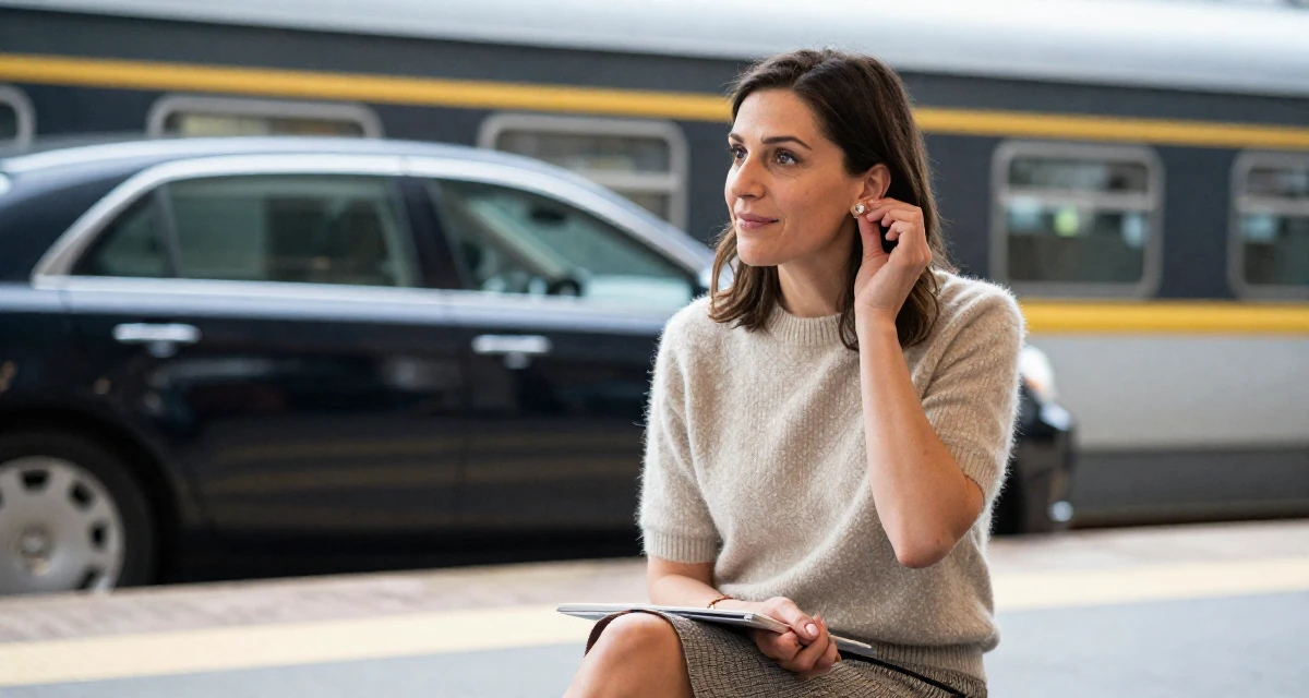 A gentle and kind Female Former bakery assistant, now crafting sweet, soft-aesthetic creator vibes in their 42, expert consultant sharing industry secrets, wearing a short sleeve cashmere sweater and a skirt, putting on earrings in a train platform.