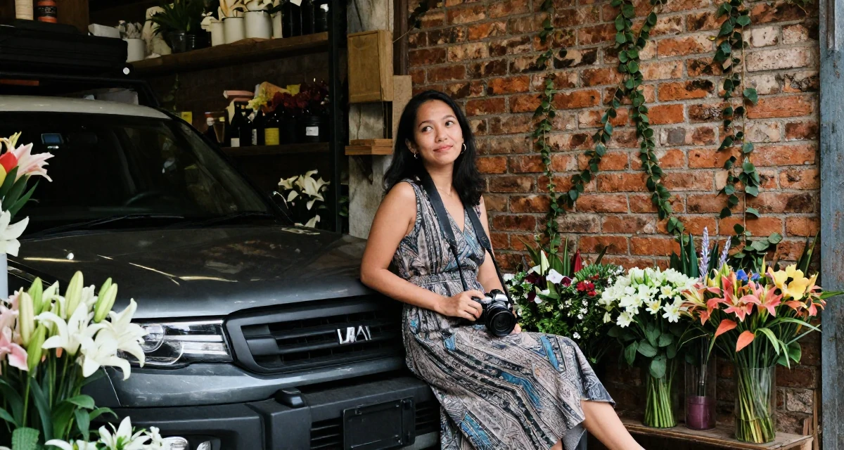 A witty Female From Kuala Lumpur Malaysia, self-taught content creator specializing in color grading in their 33, documenting a cross-country road trip, wearing a sophisticated midi dress, holding a camera in a flower shop.