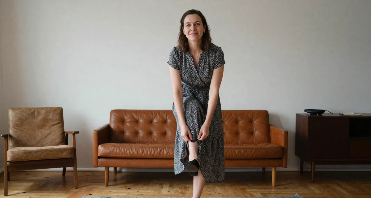 A smiling gently Female From Finland, based in Tampere, graduated from a tech university majoring in human-centered design in their 30, prioritizing quality over quantity in friendships, wearing a sophisticated midi dress, tying a shoelace in a home interior.