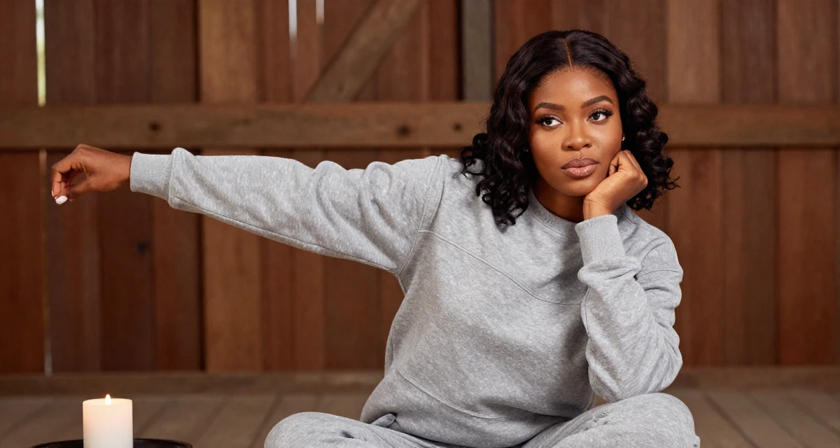 A zen-like Female From Abuja Nigeria, studied public administration in their 49, savvy investor sharing retirement planning tips, wearing a relaxed jogger and sweatshirt combo, stretching arms after waking in a barn interior.
