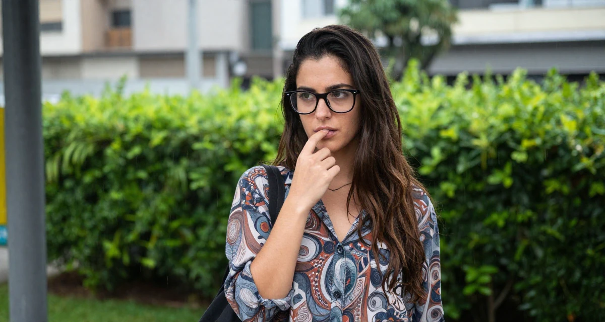 A mysterious Female From Argentina, based in Rosario, graduated from a national university majoring in audiovisual production in their 26, cutting off toxic relationships and habits, wearing a relaxed fit patterned shirt, pushing glasses up the nose in a bus stop in the rain.
