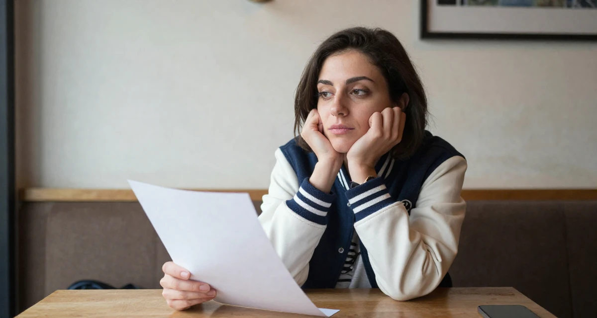 A enigmatic Female From Ankara Türkiye, holds a degree in international trade in their 37, sharing tips for successful networking, wearing a casual varsity jacket look, holding a piece of paper in a cozy café.