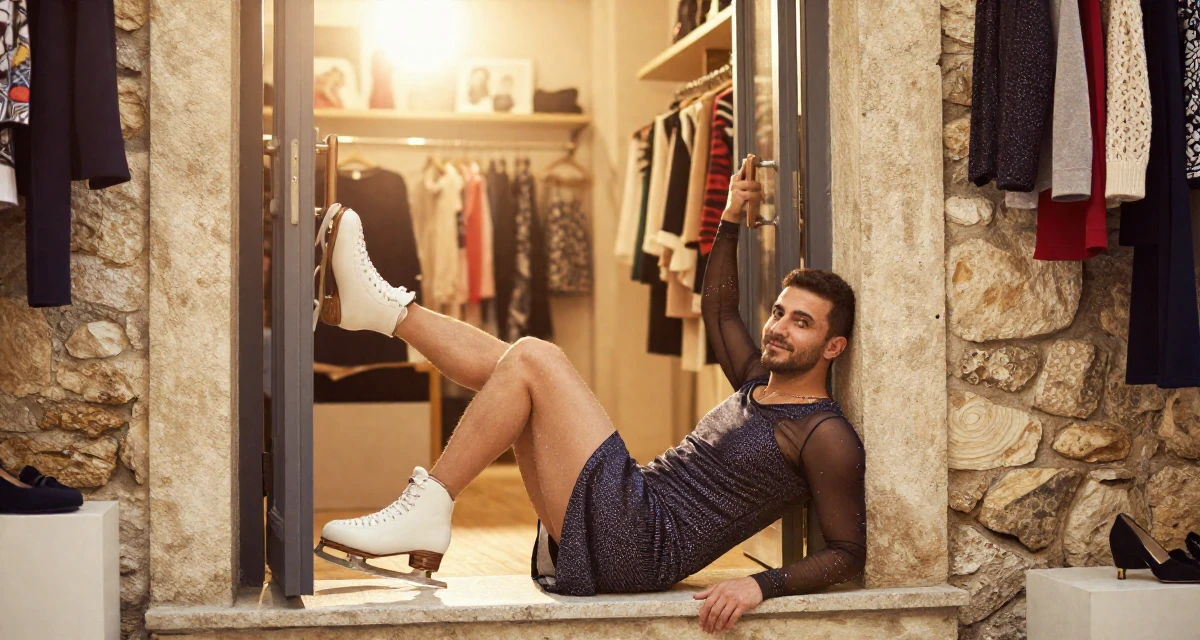 A friendly male Raised in Turkey, studied media relations and advertising in their 30, transitioning from corporate grind to creative freedom, wearing a ice skater sparkly dress with sheer sleeves, pushing a door open in a clothing boutique.