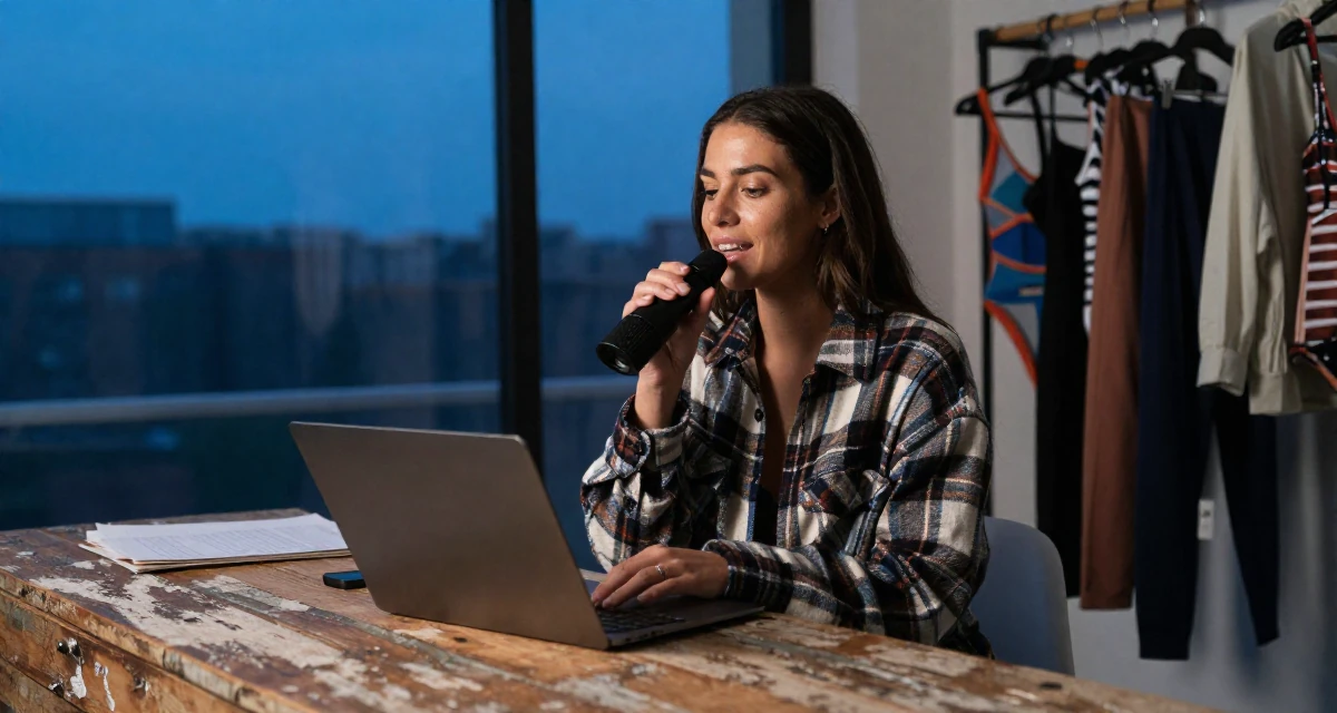 A glowing Female Once a swimwear shop clerk, now modeling her own collections in their 24, establishing a distinct professional reputation, wearing a cozy oversized flannel, humming a tune visually in a photo studio.