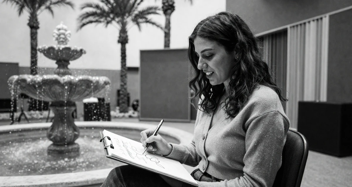 A triumphant Female From Turkey, based in Antalya, graduated from a film school majoring in mood-driven visual expression in their 23, learning to set boundaries with bosses, wearing a cropped cardigan with only one button fastened, sketching on a pad in a recording booth.