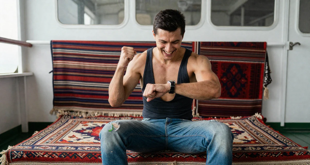 A victorious male Raised in Kazakhstan, majored in global business in their 25, exploring lifestyle options and boundaries, wearing a open-back bodysuit with vintage denim jeans, glancing at a wristwatch in a ferry deck.