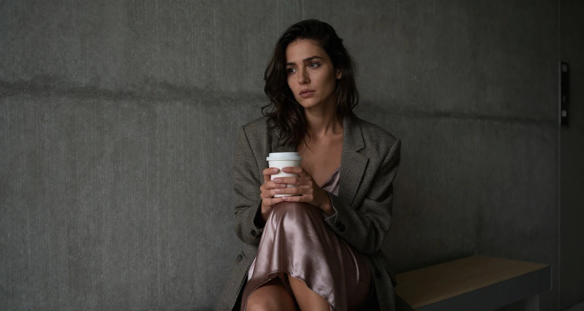 A aloof but intriguing Female From Greece, studied philology in their 26, chasing the digital nomad lifestyle dream, wearing a satin slip skirt paired with a structured blazer, holding a coffee cup with both hands in a hospital corridor.