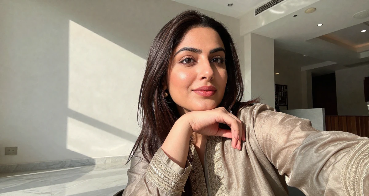 A elegant Female From Pakistan, based in Lahore, graduated from a business school majoring in marketing management in their 49, creating content about cultural heritage, wearing a muted earth-tone clothing set, posing for a selfie in a hotel lobby.