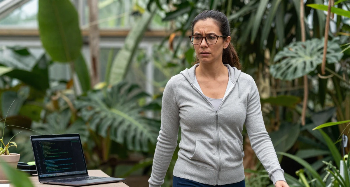 A worried Female From Philippines, studied nursing before switching careers in their 34, ex-corporate lawyer turned yoga instructor, wearing a librarian outfit with glasses and a tight cardigan, zipping up a hoodie in a botanical greenhouse.
