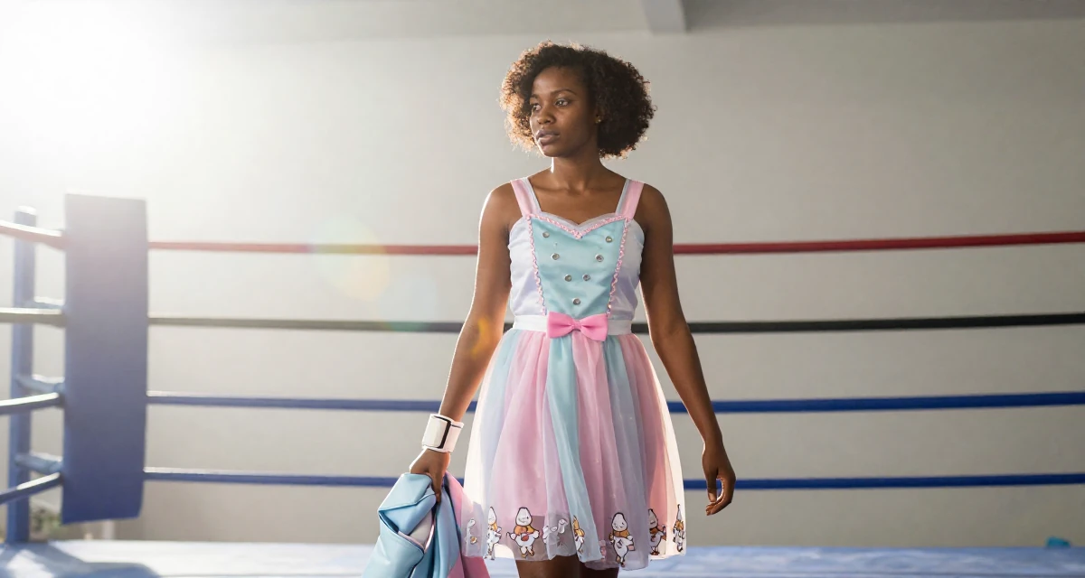 A quietly confident Female From Nigeria, majored in business communication in their 32, newly married and adjusting to shared finances, wearing a candy-themed magical girl dress with pastel colors, putting on a jacket in a boxing ring.