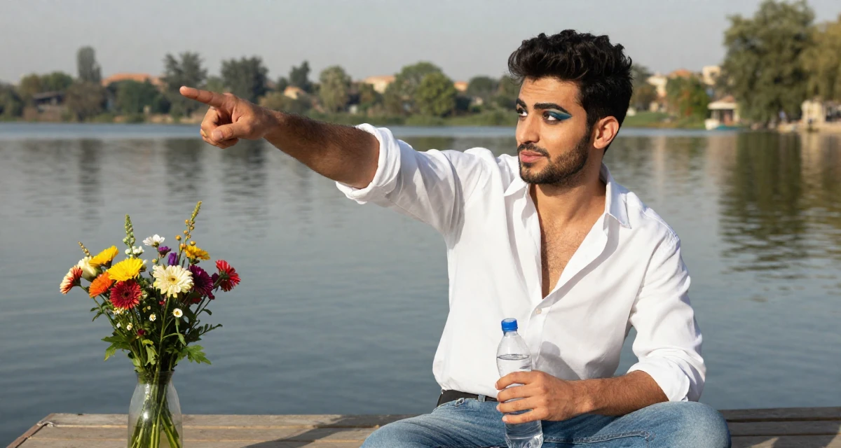 A playful male From Alexandria Egypt, practiced creative self-portraiture in their 21, hiding insecurity behind a perfect makeup look, wearing a effortless white blouse and jeans, holding a water bottle in a serene lakeside dock.