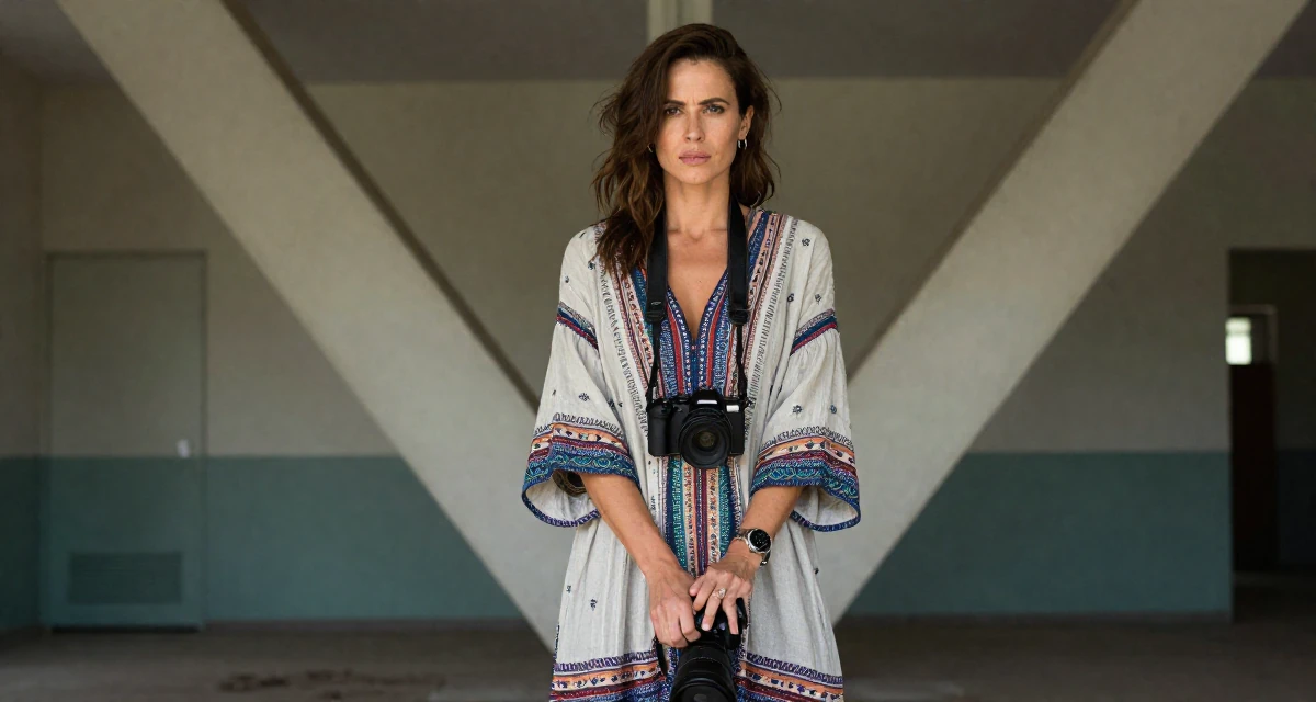 A assertive Female Former accountant in her 30s, now creating fitness-driven fan content in their 40, celebrating a decade of professional mastery, wearing a relaxed bohemian style dress, holding a camera ready to shoot in a abandoned hospital.