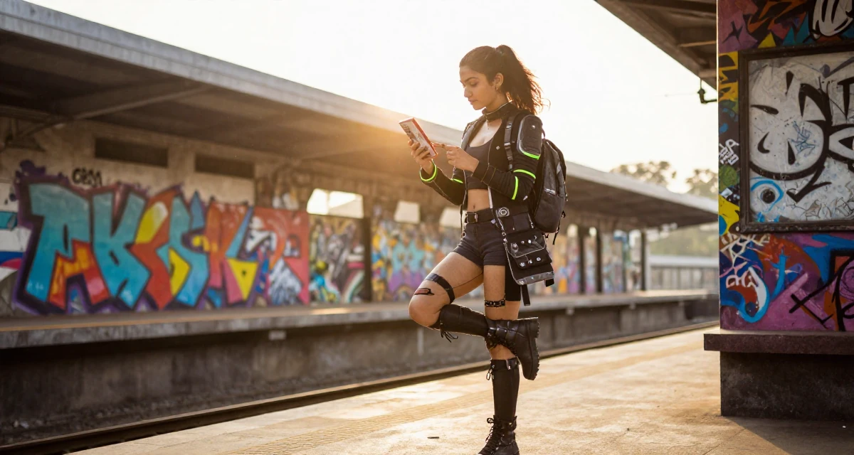 A bewitching Female From Sri Lanka, based in Kandy, graduated from a regional institute majoring in advertising in their 20, chasing creative dreams despite parental skepticism, wearing a cyberpunk street samurai gear with neon accents, examining a product in a subway station.