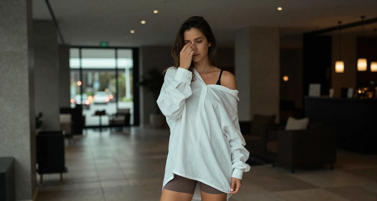 A dazed Female From New Zealand, majored in landscape architecture in their 32, focusing on health and longevity habits, wearing a oversized white shirt worn off one shoulder and biker shorts, rubbing eyes in a luxury hotel lobby.